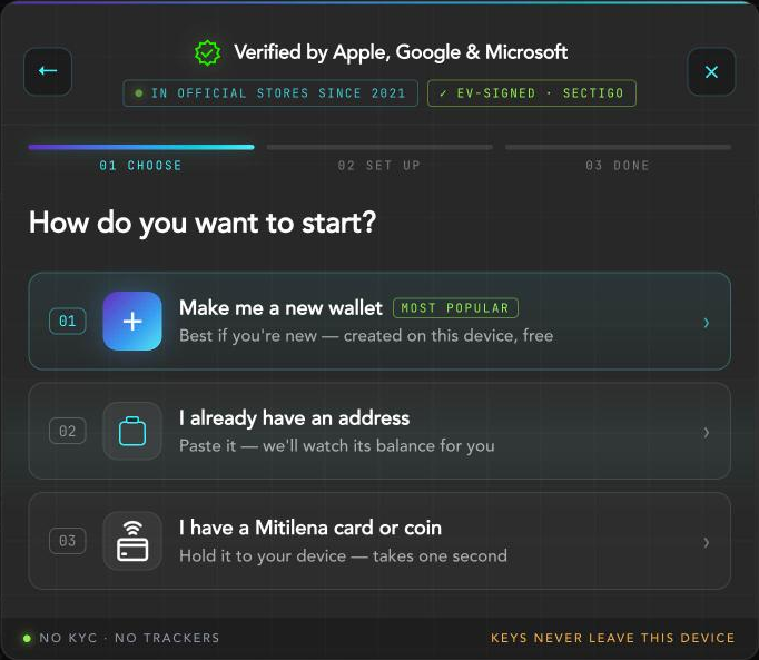 ማያ «እንዴት መጀመር ይፈልጋሉ?» ከ «አዲስ wallet ፍጠር» አማራጭ ጋር