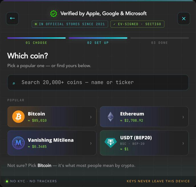 ማያ «የትኛው ሳንቲም?» ከ Bitcoin፣ Ethereum እና USDT ምርጫ ጋር